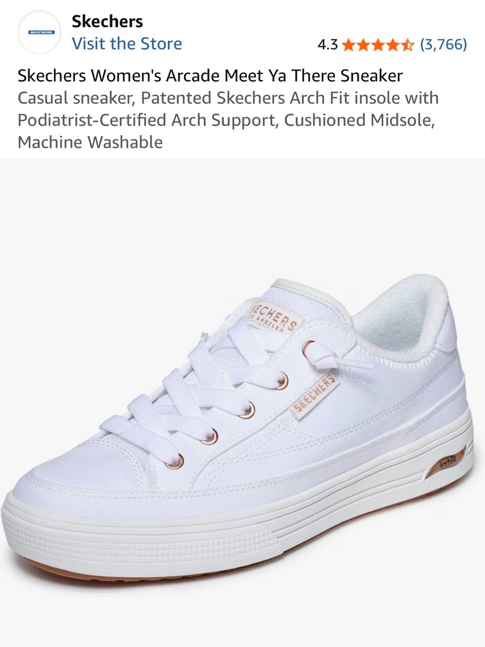 Skechers White Low-Top Sneakers worn briefly to resolve plantar fasciitis.